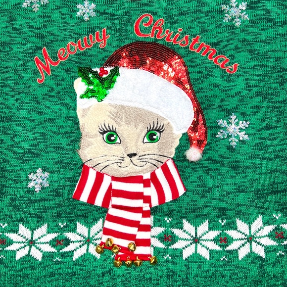 •🎄|•’MEOWY’ CHRISTMAS•| Real Jingle Bells Kitty Cat Holiday Sweater - Picture 3 of 12